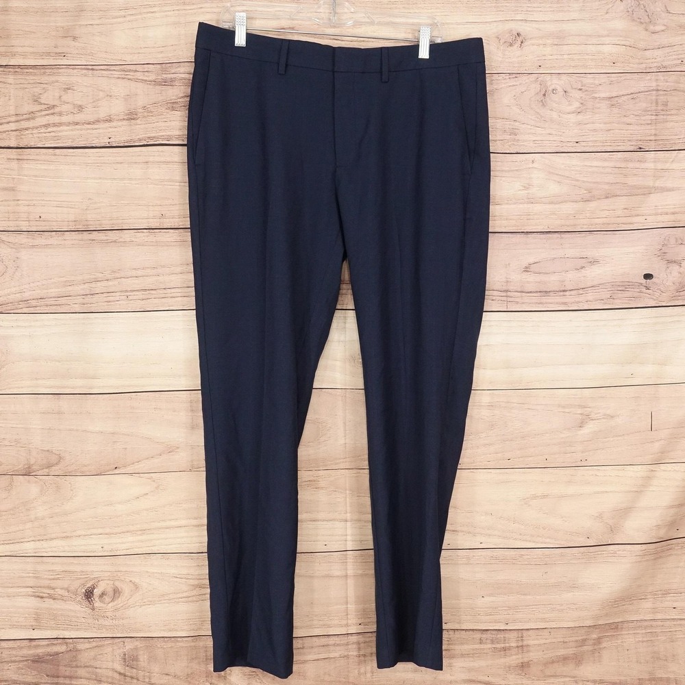 Haggar Dress Pants Mens 34x30 Blue Straight Fit Flat Front Microfiber Business